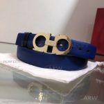 AAA Ferragamo Adjustable Blue Leather Women's Belt - Gold Gancini Buckle 